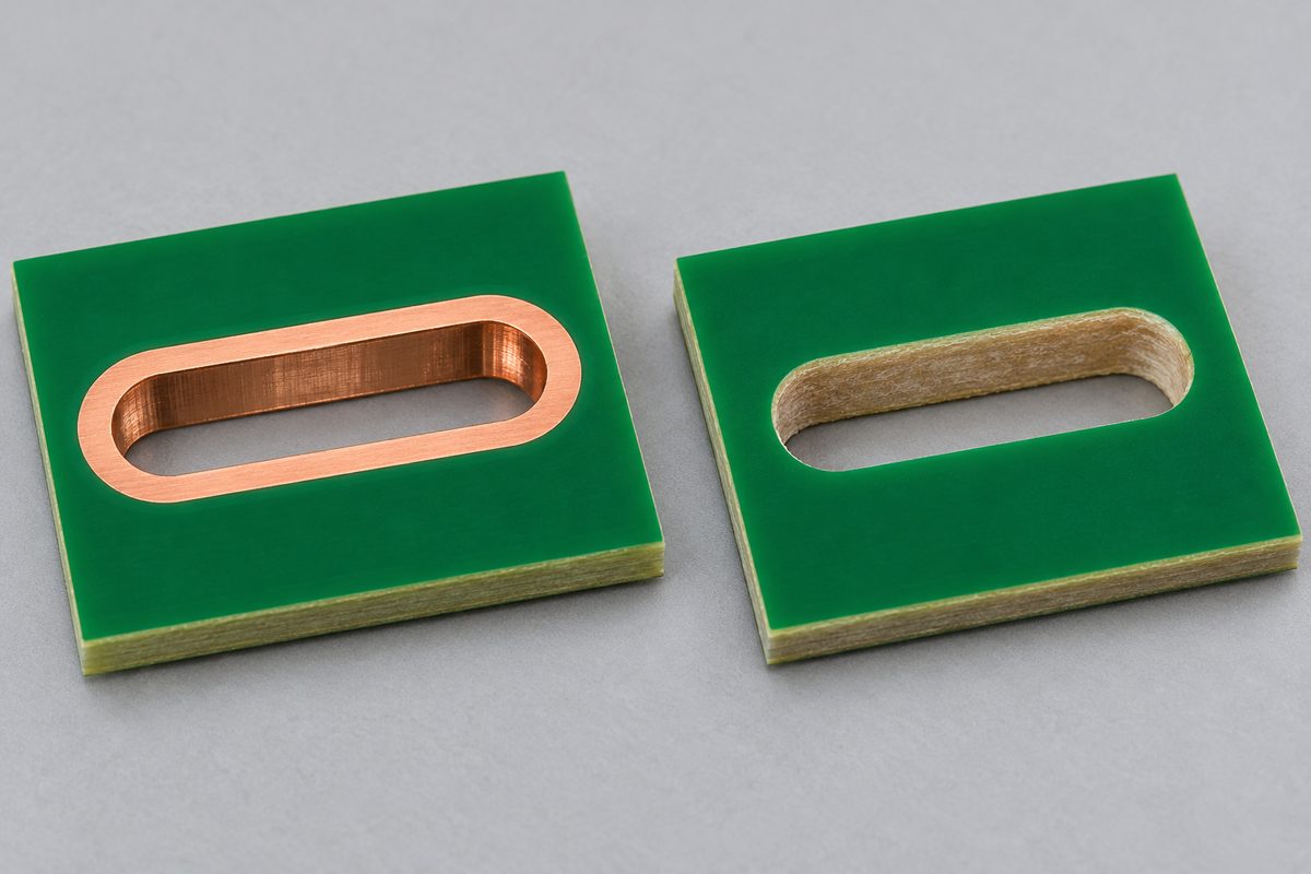 Conceptual PCB coupons comparing a copper-rimmed plated slot with a non-plated slot
