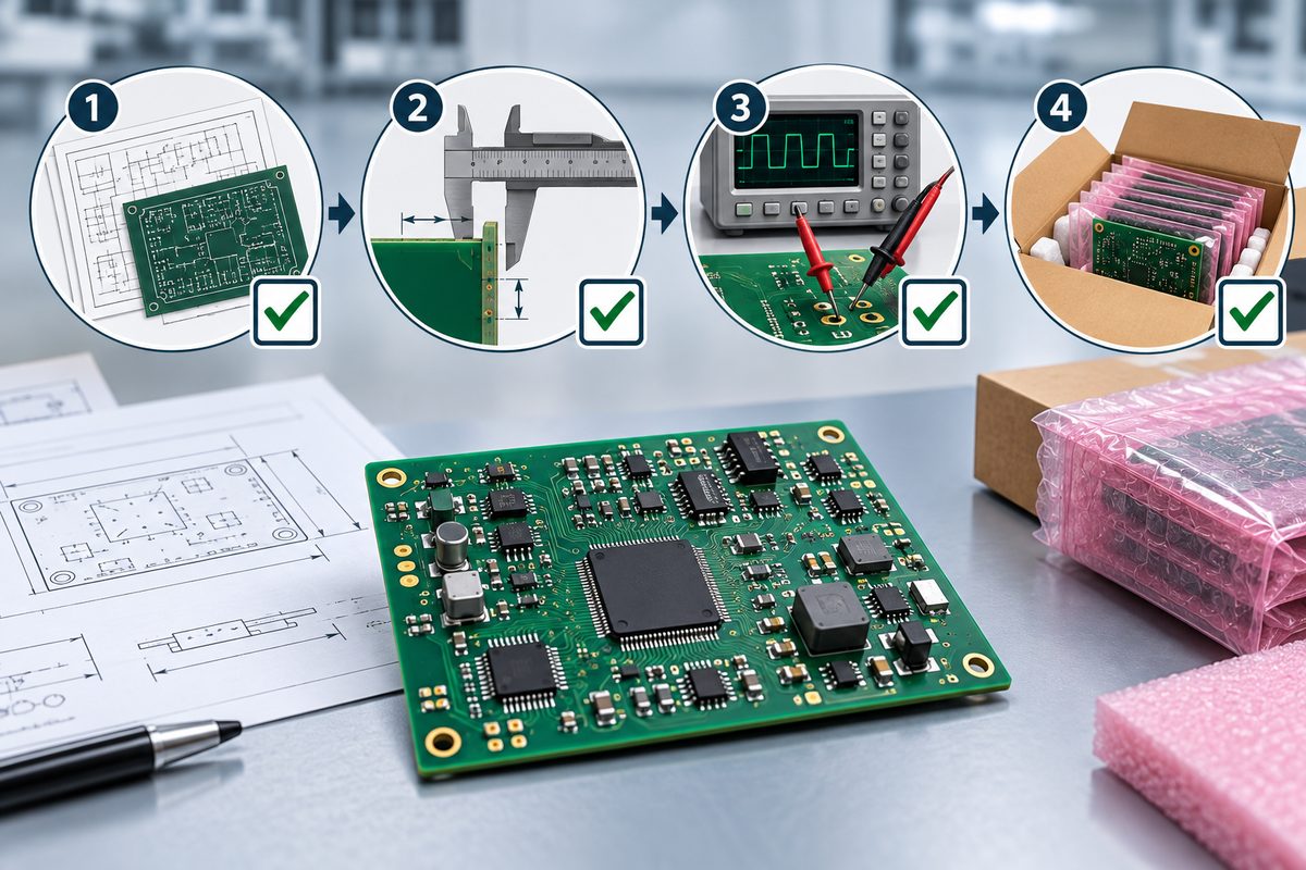 Conceptual overview of manufacturing documentation, board checks, testing, and packaging