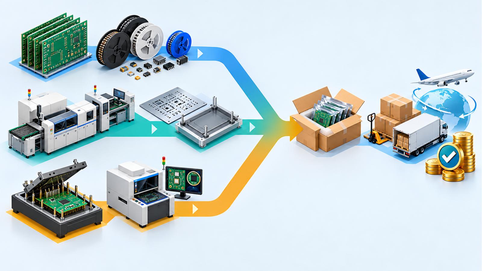 Conceptual PCB quote cost paths connecting boards, components, assembly tooling, testing, packaging, and freight
