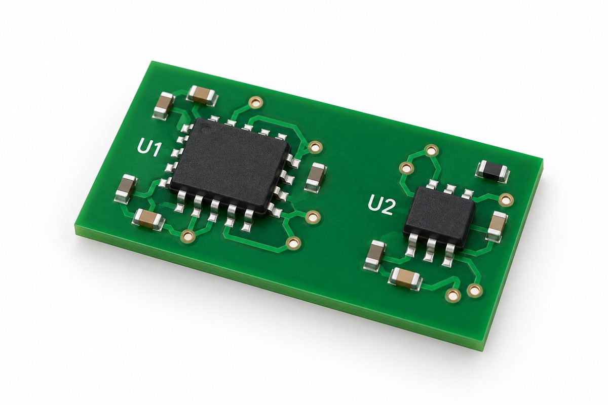 Conceptual assembled PCB with white U1 and U2 reference markings visible beside two black component bodies