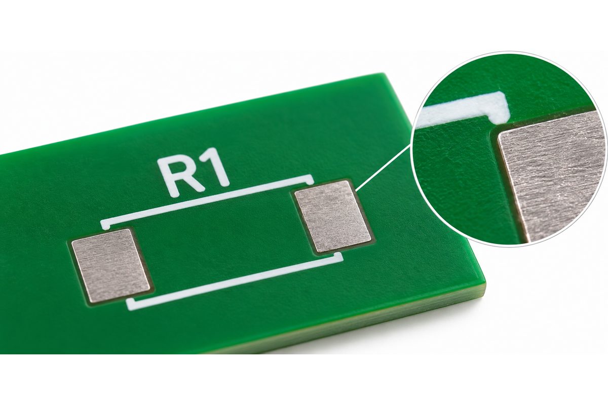 Conceptual PCB closeup with white R1 marking and interrupted component outline separated from exposed metal pads