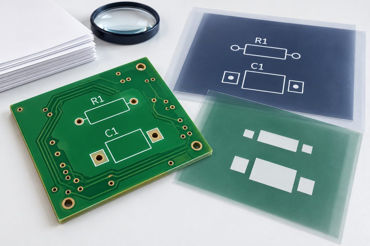 Conceptual PCB legend review with separate silkscreen and mask artwork sheets, documents, and a magnifier