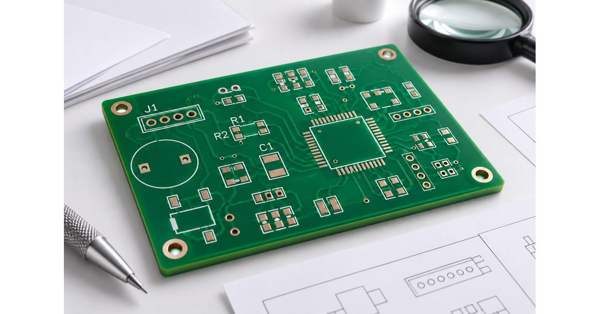 Conceptual bare green PCB with white reference markings and component outlines beside a magnifier and drawings