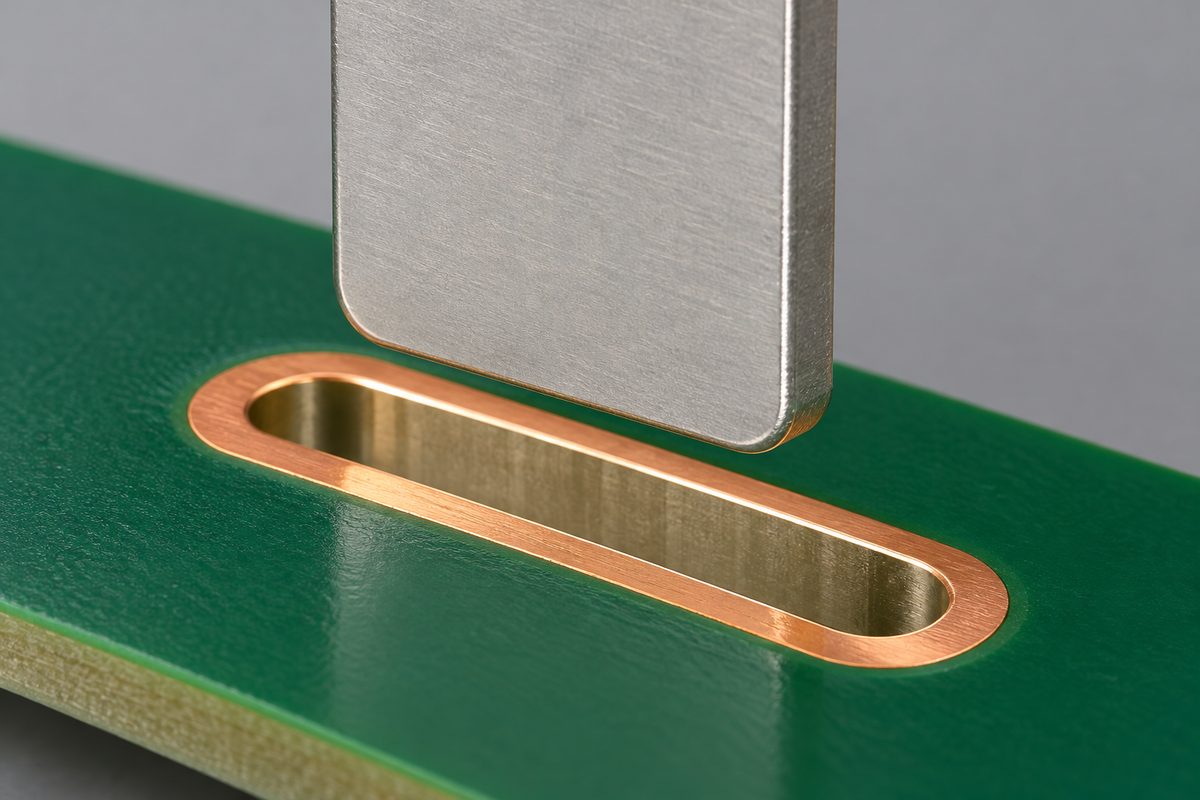 Conceptual flat connector tab positioned above an elongated plated PCB slot