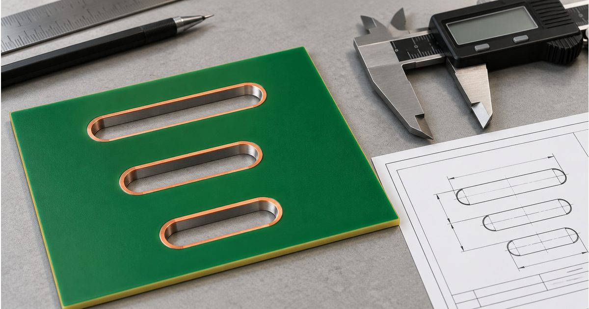 Conceptual slotted bare PCB beside a caliper and fabrication drawing