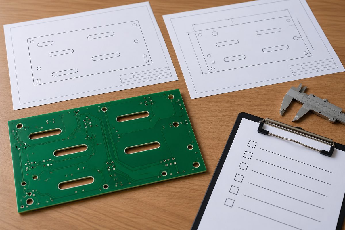 Conceptual slotted PCB beside fabrication drawings, caliper, and blank release checklist