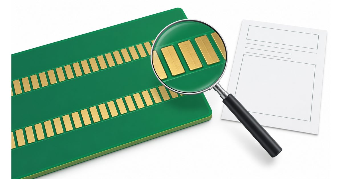Conceptual bare PCB pad rows beside a magnifier and blank design report