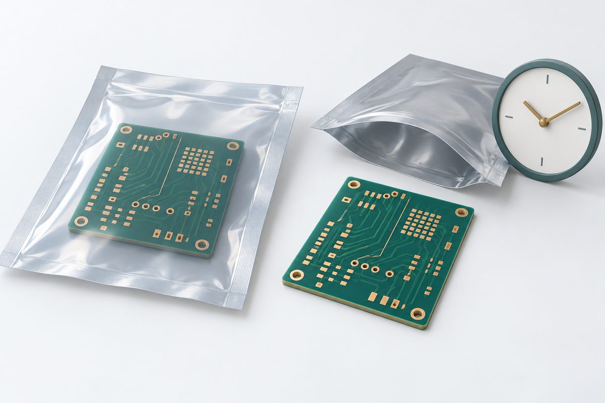 Conceptual PCB coupons beside sealed and opened protective packaging and a clock icon