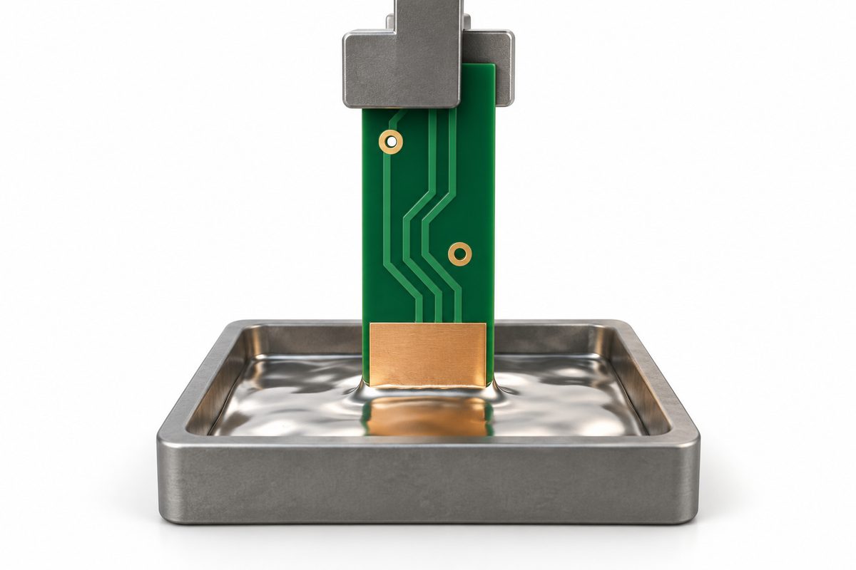 Conceptual bare PCB coupon contacting a small solder bath in a generic immersion fixture