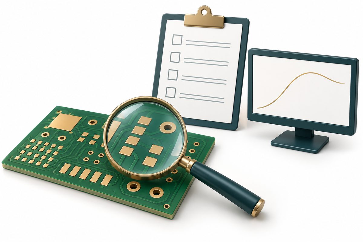 Conceptual PCB solderability report review with a coupon, magnifier, blank checklist, and illustrative curve
