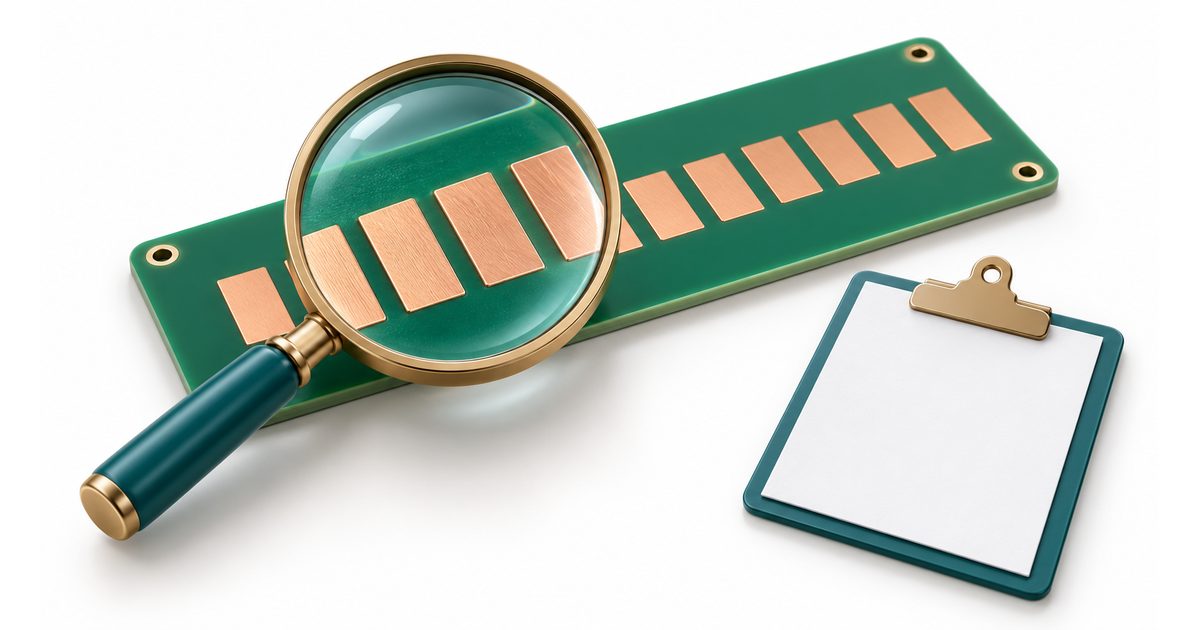 Conceptual PCB coupon with exposed pads, magnifier, and blank report