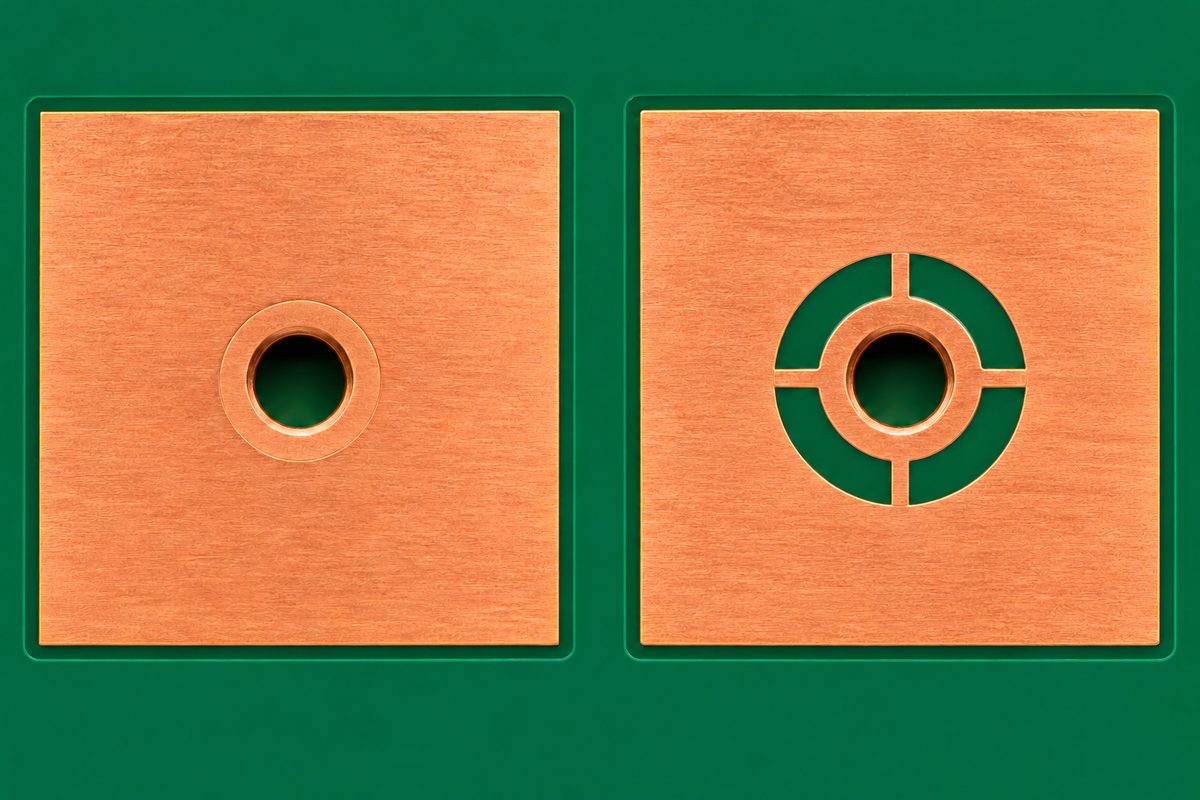 Conceptual comparison of solid copper connection and four-spoke thermal relief
