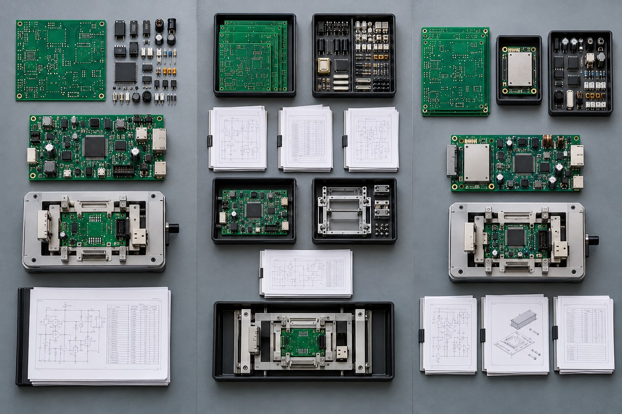 Top-down comparison of consolidated, separated, and mixed PCB sourcing arrangements using controller boards, components, documents, and test fixtures