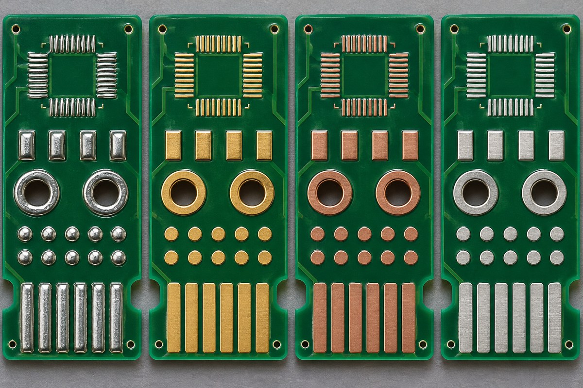 Four identical PCB coupons comparing rounded solder-leveled pads, flat nickel-gold pads, copper-toned organic preservative pads, and flat immersion-finish pads
