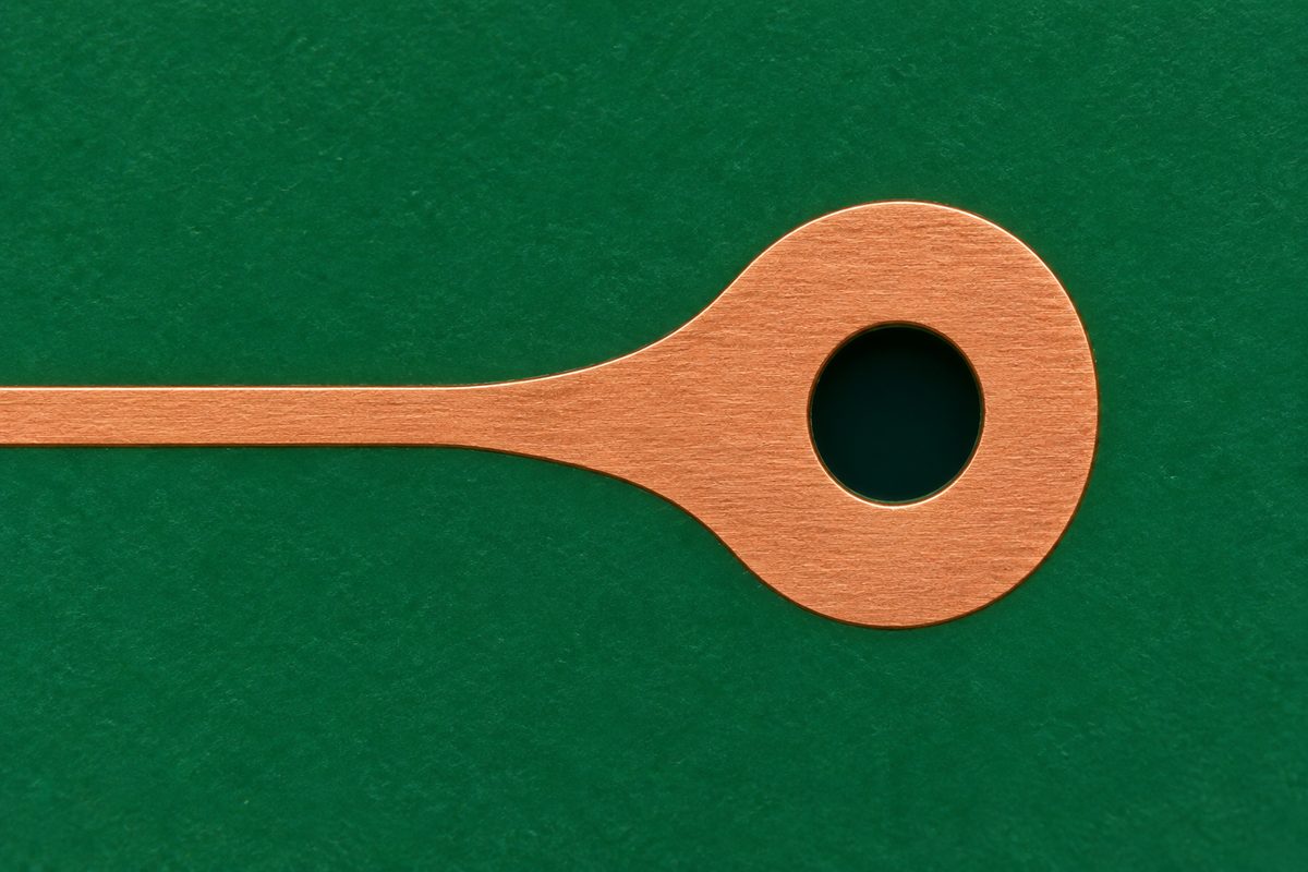 Conceptual copper trace widening through a teardrop transition into an annular PCB pad