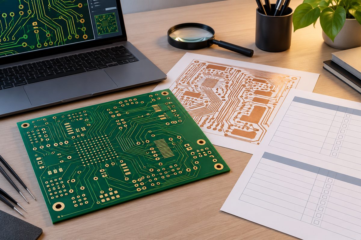 Conceptual PCB trace-pad transitions beside copper artwork and blank clearance and release sheets