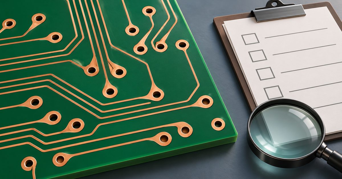 Conceptual bare PCB with tapered trace-pad connections beside a magnifier and blank checklist