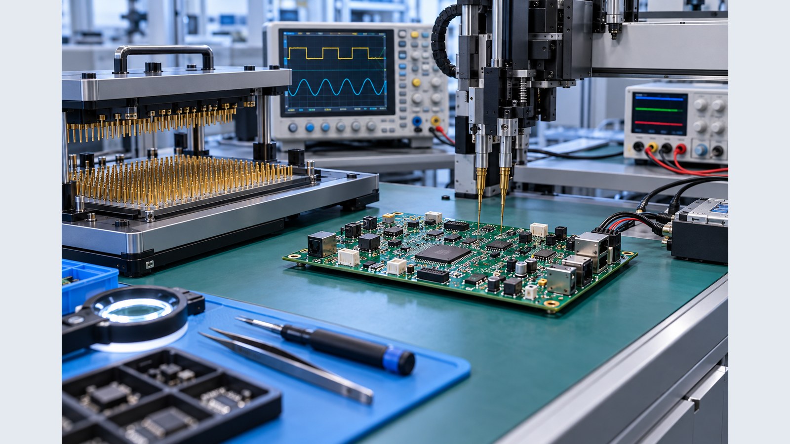 PCB assembly on an empty electronics test bench with flying probes, bed-of-nails fixture, oscilloscope, and programmable power supply