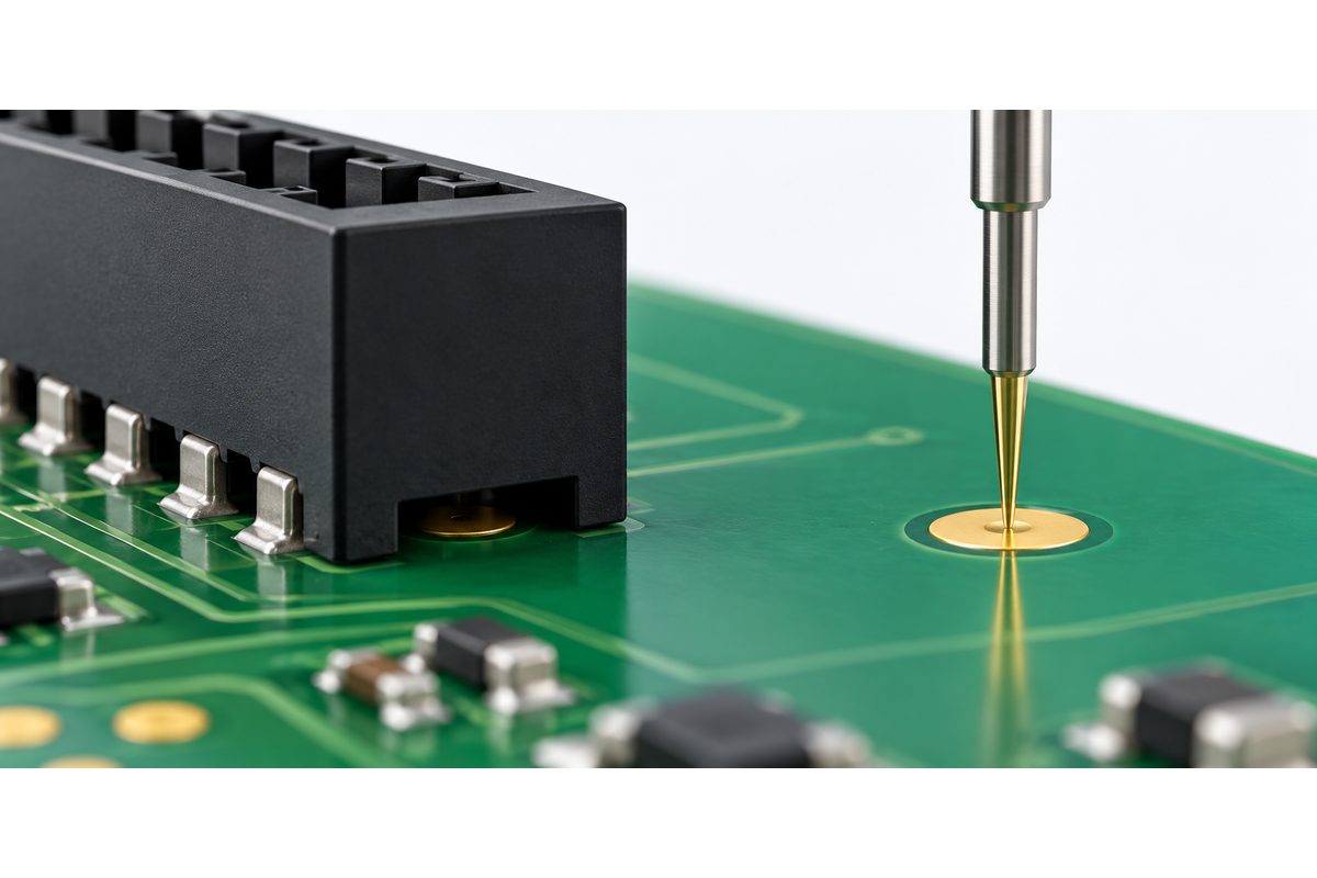 Conceptual assembled PCB with a connector overhang, a blocked contact site, and an exposed pad beneath a probe