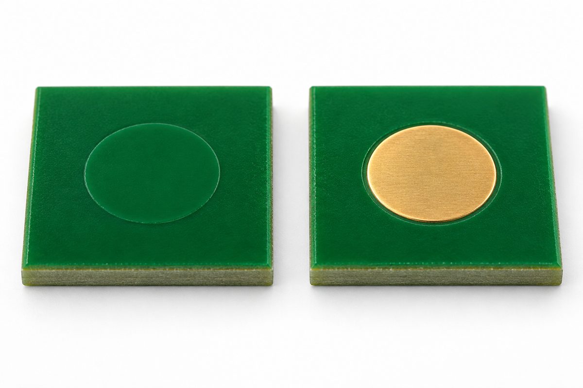 Conceptual comparison of a mask-covered contact area and an exposed round gold contact on separate PCB samples