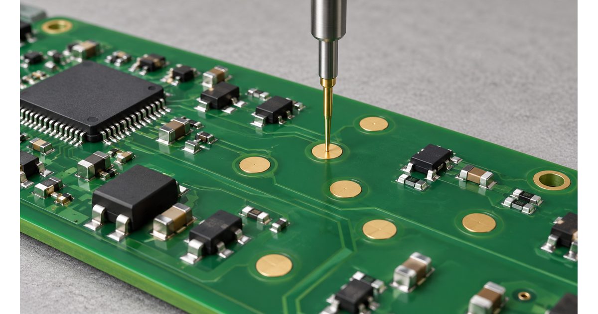 Conceptual assembled PCB with exposed round gold test pads and a metal probe contacting one pad