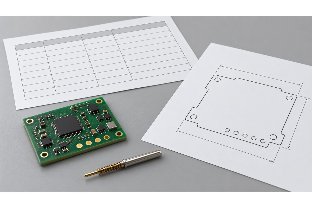 Conceptual assembled PCB with test pads beside blank engineering records, a board drawing, and a spring probe
