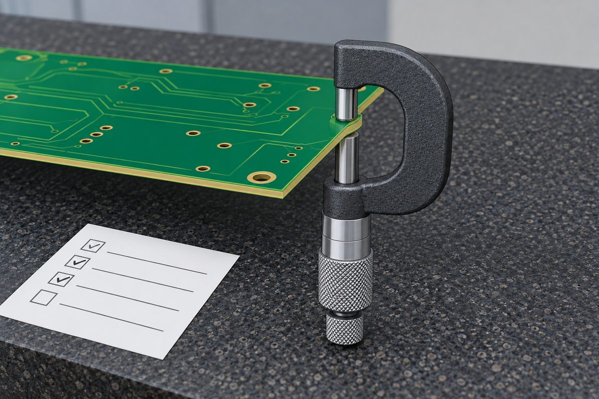 Conceptual illustration of a bare PCB, micrometer, and measurement planning