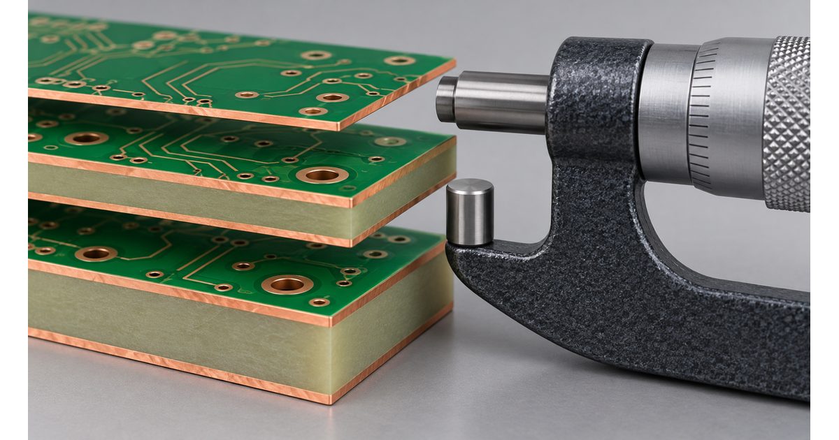 Conceptual bare circuit boards of different thicknesses beside a micrometer