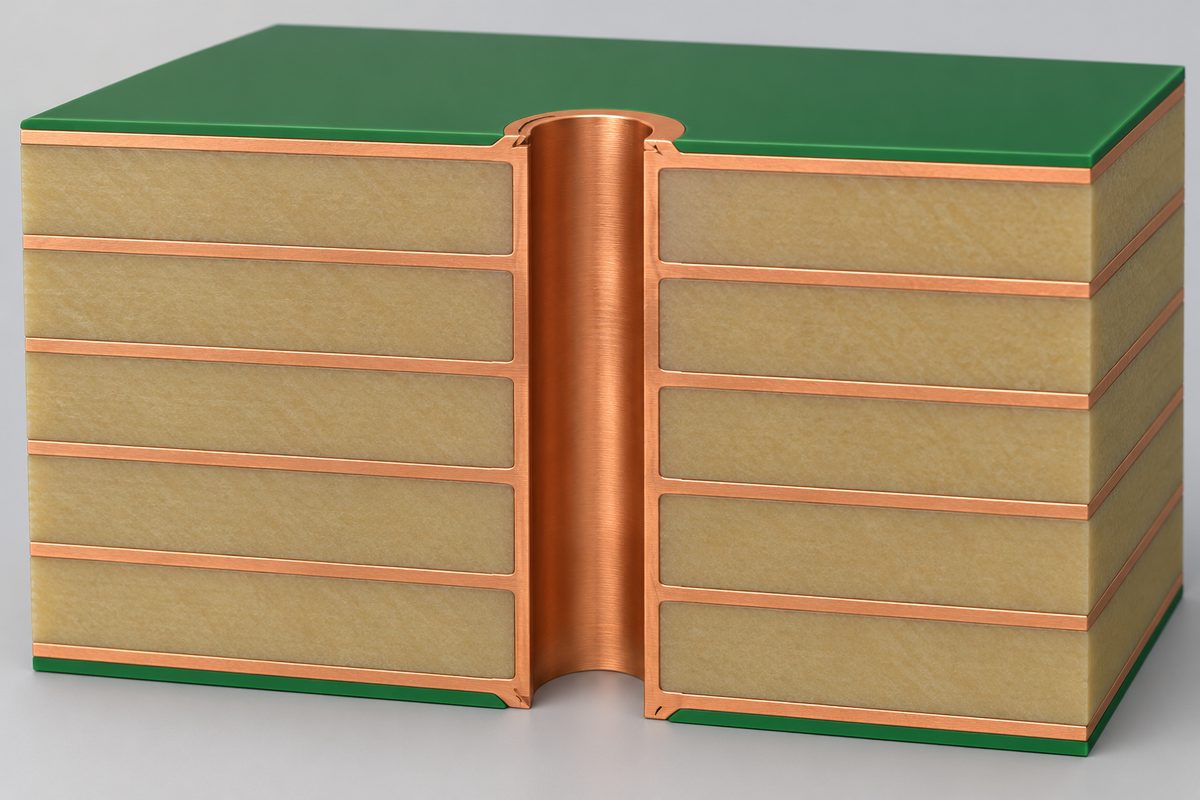 Conceptual PCB cutaway showing an open copper-lined through hole across the board thickness