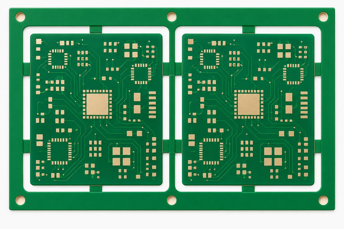Conceptual PCB panel with nonplated tooling holes on the rails, routed channels, and support tabs