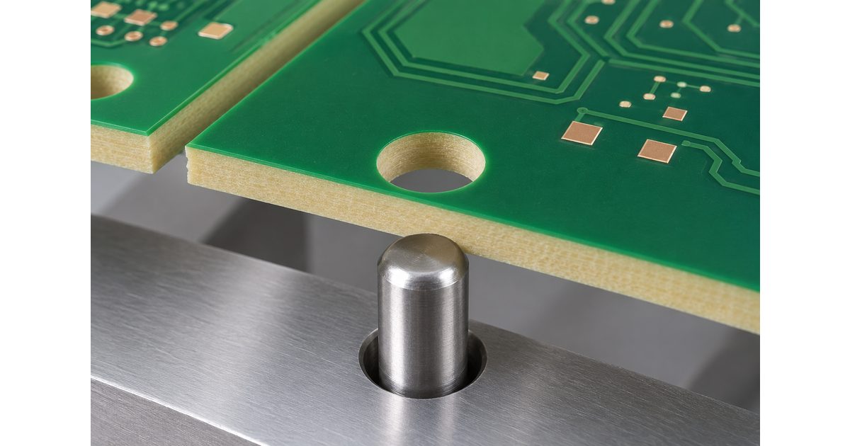 Conceptual nonplated PCB tooling hole aligned above a fixture locating pin