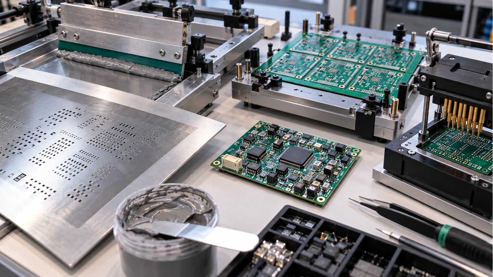 SMT stencil, solder-paste tooling, panel fixture, test fixture, and PCB assembly on an engineering bench