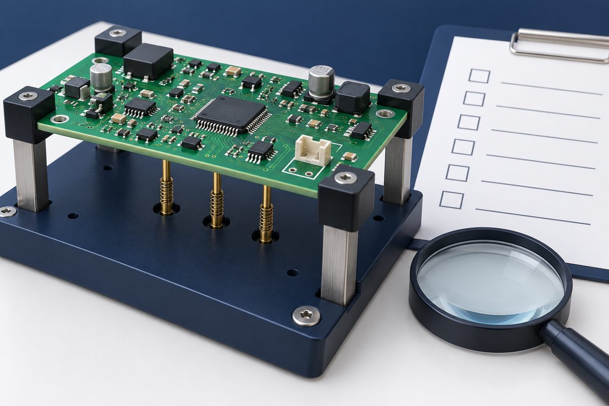 Conceptual PCB in a supported probe fixture beside a magnifier and blank configuration checklist