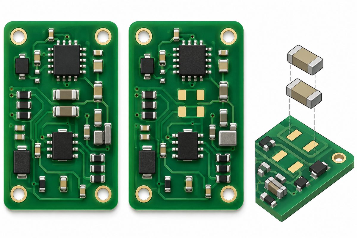 Conceptual comparison of fitted chip components and intentionally empty component lands on matching PCB layouts