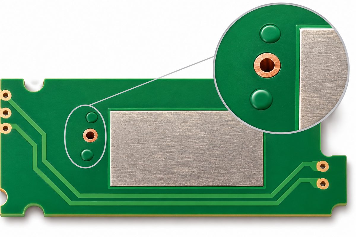 Conceptual top view of covered and open routing vias beside a separate exposed rectangular component land