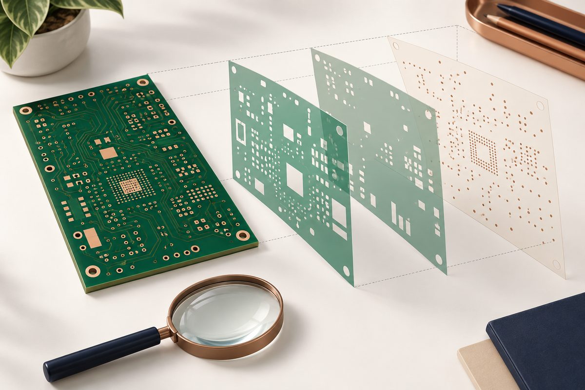 Conceptual PCB release review with separate mask artwork sheets, drill-hole information, and a magnifier