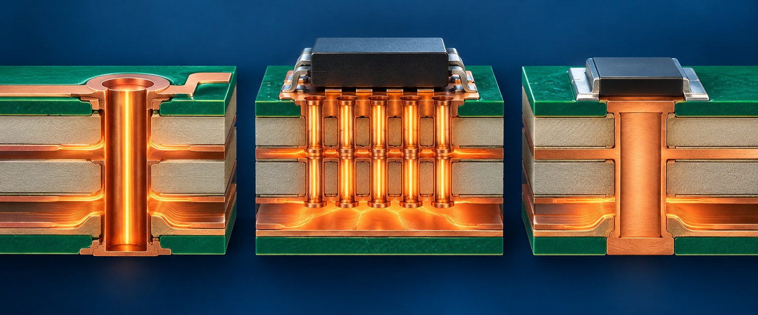 Cutaway comparison of a plated through via, thermal via array, and filled capped via structure in multilayer PCBs
