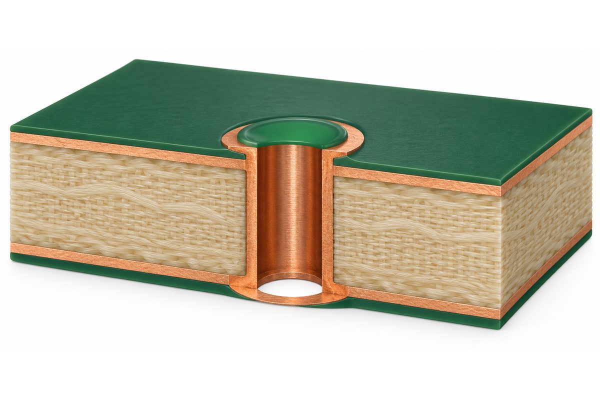 Conceptual PCB cutaway with a hollow plated via and a green solder-mask bridge over its upper opening