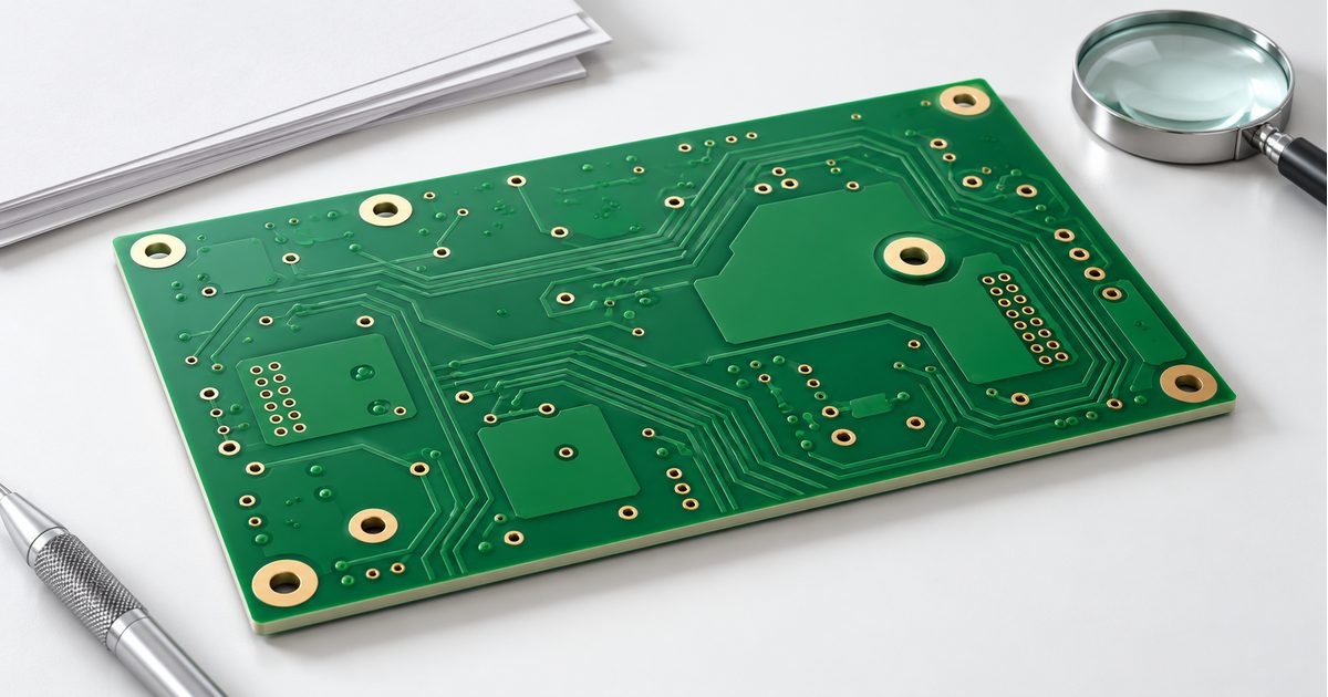 Conceptual bare green PCB with covered and open vias beside a magnifier and release sheets