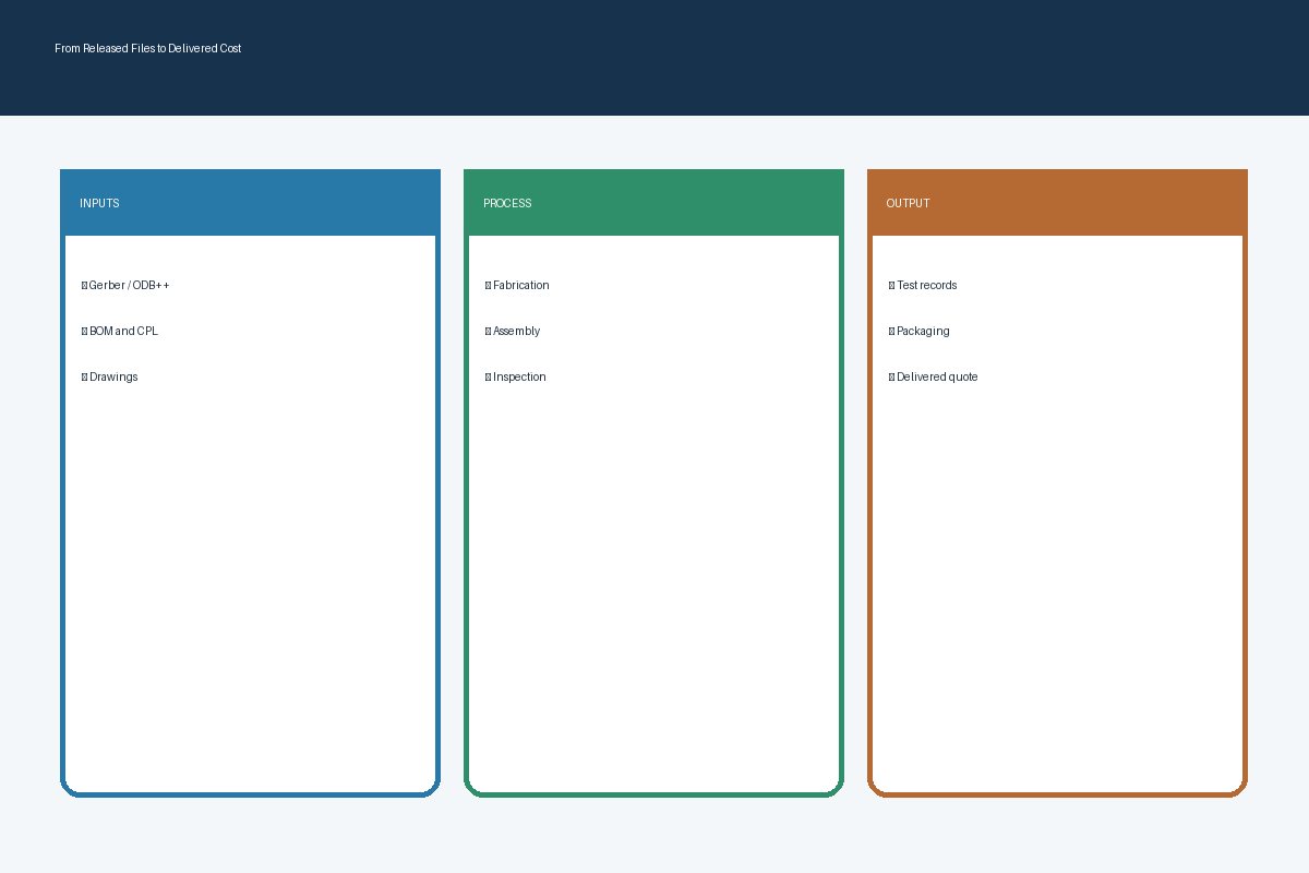 Conceptual PCBA quote flow from design files through materials assembly test and delivery