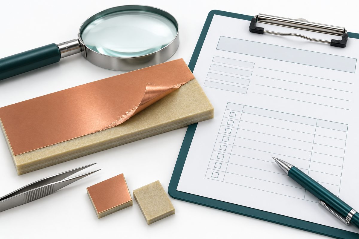 Conceptual copper laminate sample with a partly lifted strip, magnifier, and blank laboratory report