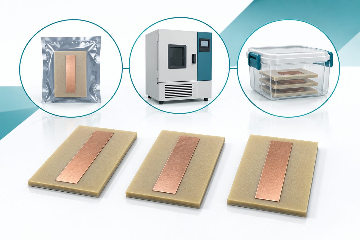 Conceptual copper laminate sample groups beside packaging, thermal-chamber, and laboratory-container icons