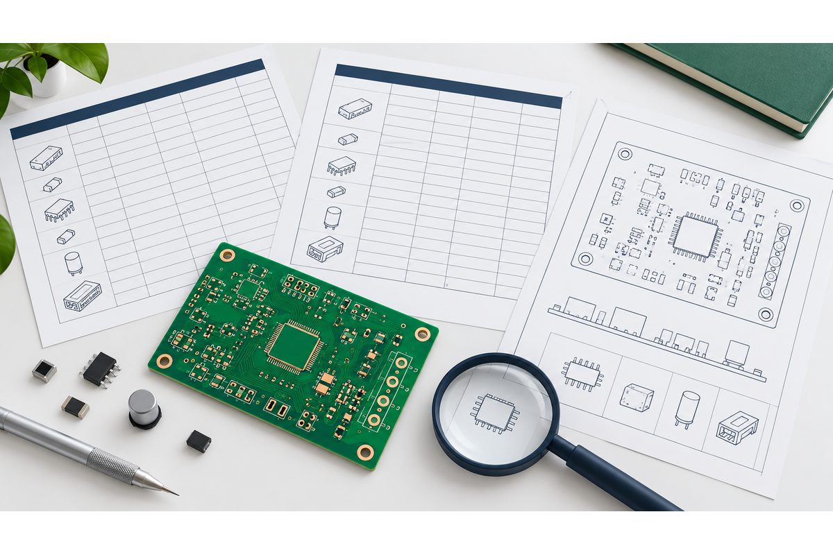Conceptual assembly-data review with a PCB, separate tabular documents, outline sketches, and a magnifier