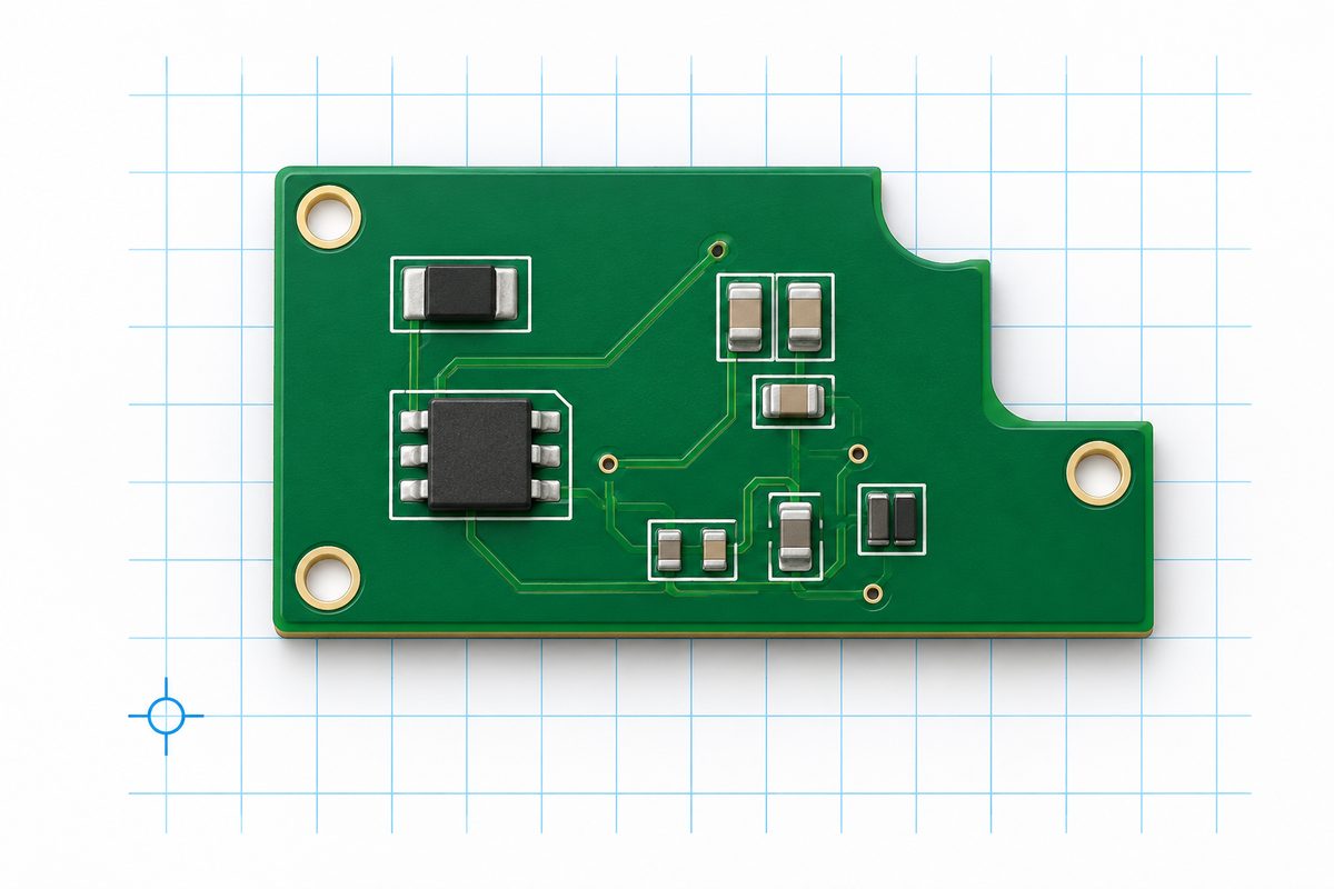 Conceptual asymmetric PCB over a coordinate grid with a crosshair indicating an origin