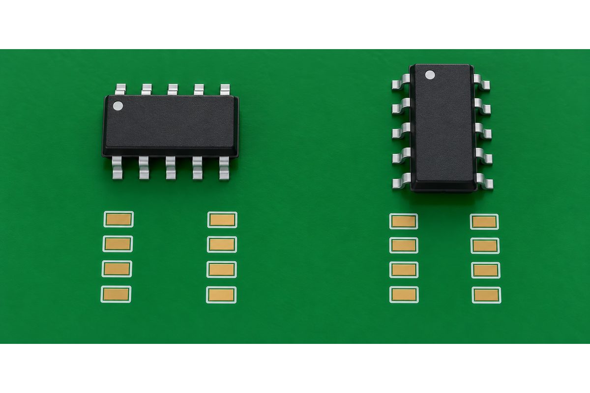 Conceptual comparison of two rectangular IC packages with pin-one dots in different orientations