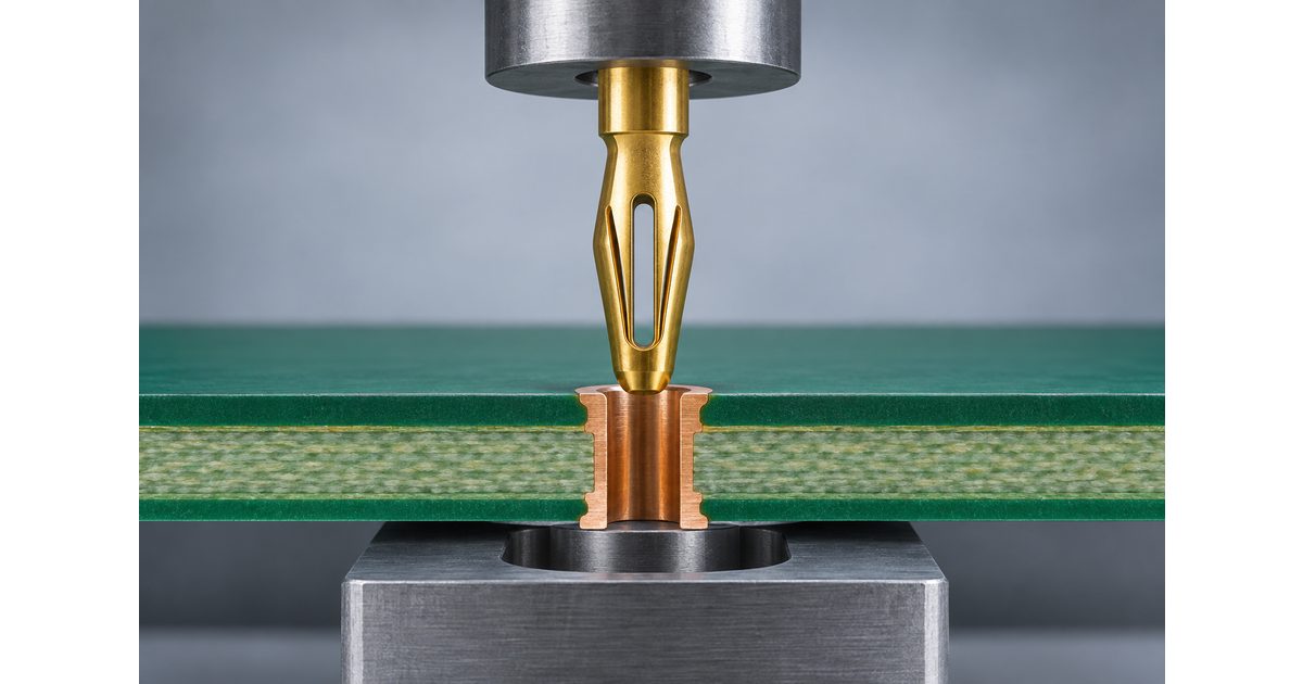 Conceptual compliant contact aligned above a copper-plated PCB hole with insertion tooling and lower support