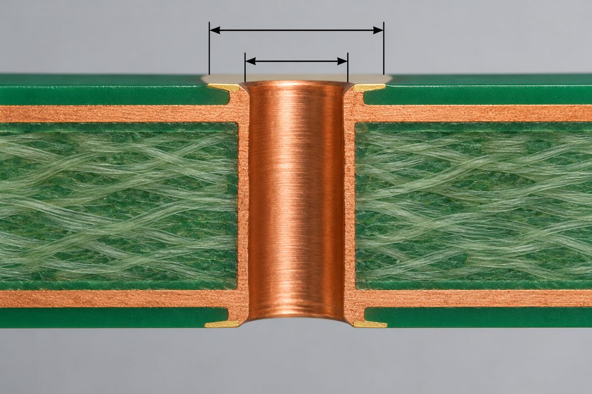 Conceptual PCB hole section distinguishing the drilled substrate opening from the finished plated opening