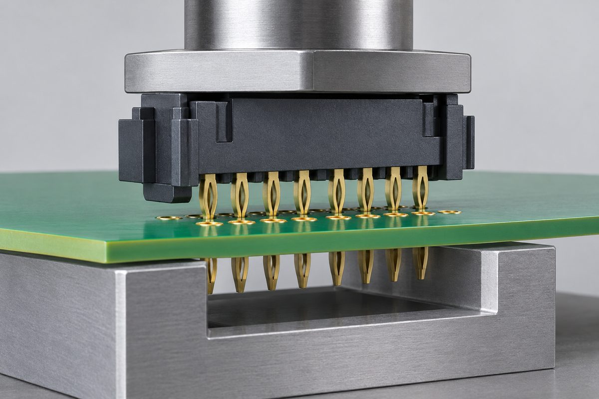 Conceptual press-fit insertion setup showing an upper seating tool and lower PCB support