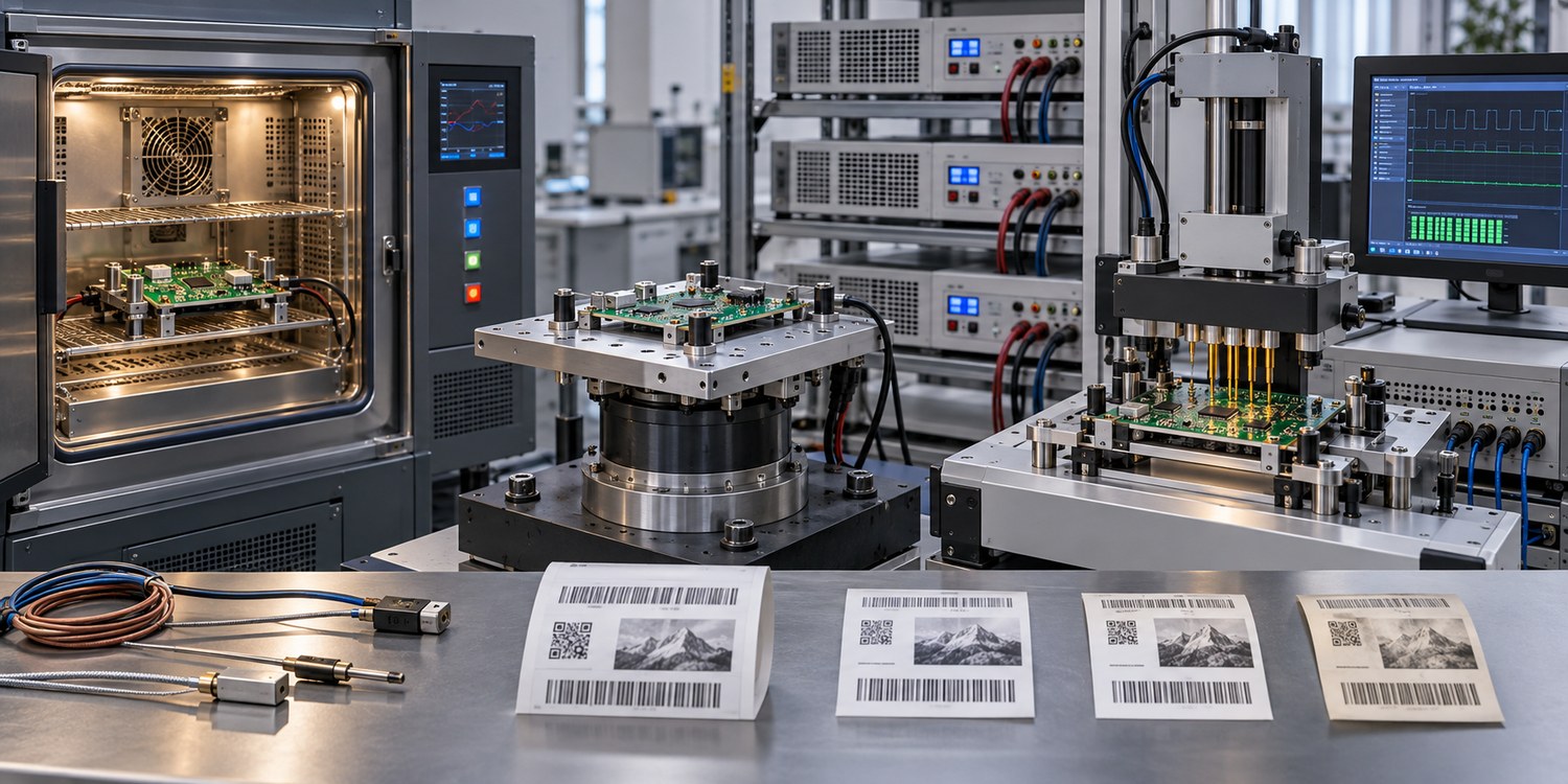 Thermal printer controller boards undergoing environmental chamber, vibration, and automated functional fixture testing with reference label samples
