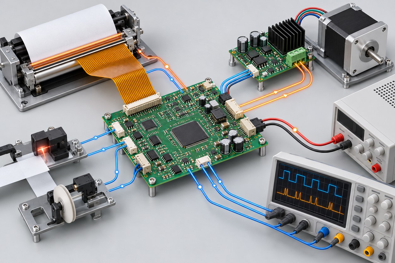 Thermal transfer printer control board connected to printhead, motor, sensors, power supply, and measurement equipment for functional reliability testing